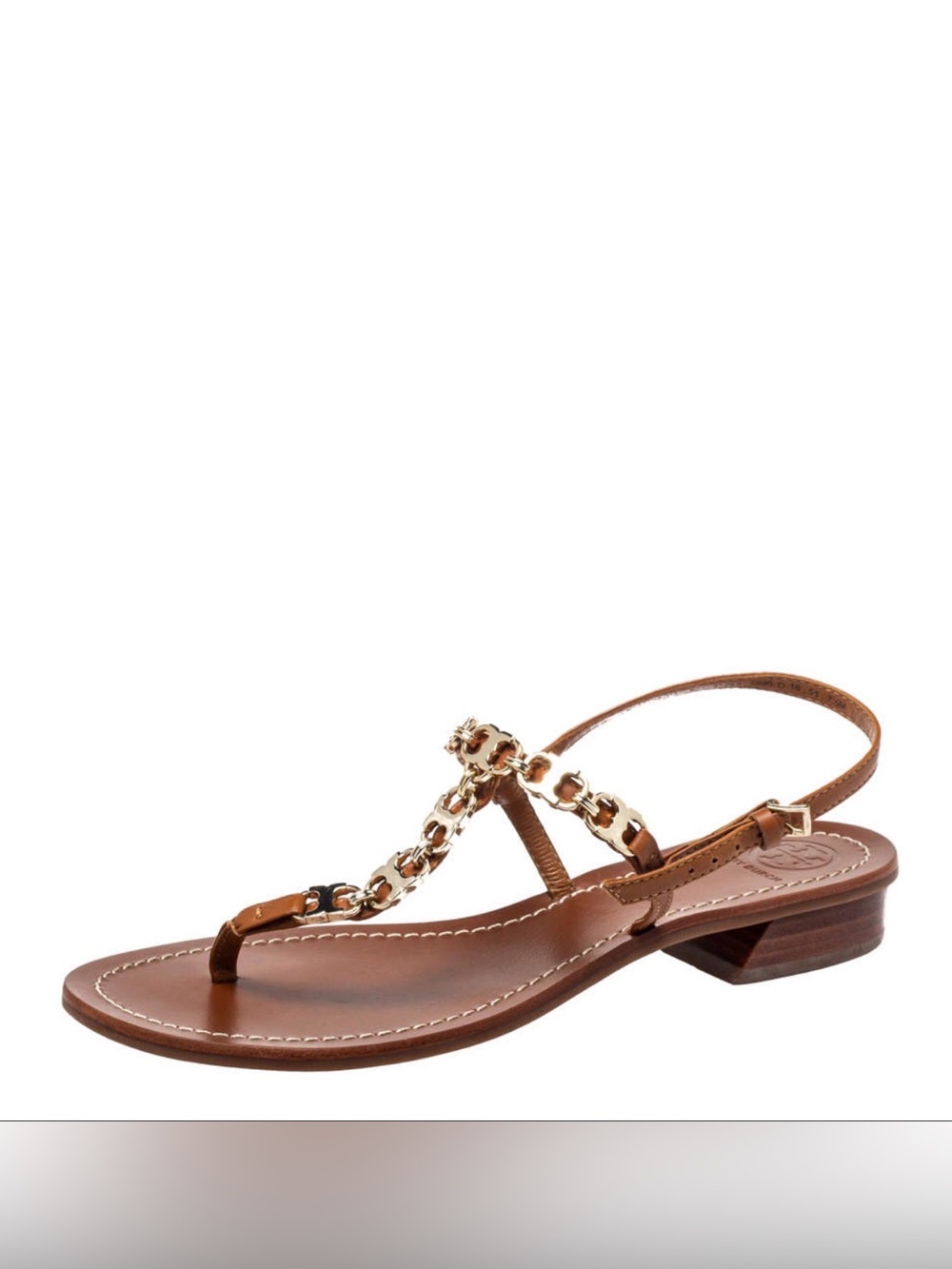 Tory Burch Brown Leather T-Strap Sandals with Gold Chain